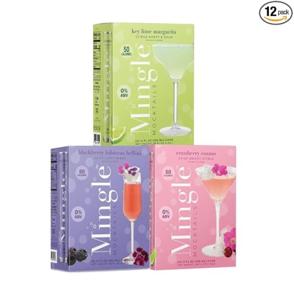 Mingle Mocktails - Paquete variado, hibisco de mora Bellini, arándano cosmopolita, margarita de lima clave - Cócteles sin alcohol premium, latas de 12 onzas líquidas (paquete de 12)